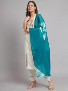 Reyansh24 Women Cotton Blend Embroidered Fabric Kurta Pant Set With Dupatta