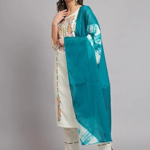 Reyansh24 Women Cotton Blend Embroidered Fabric Kurta Pant Set With Dupatta