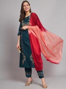 REYANSH24 Women Cotton Blend Embroidered Fabric Kurta Pant Set With Dupatta