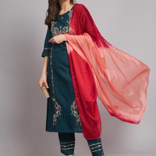 REYANSH24 Women Cotton Blend Embroidered Fabric Kurta Pant Set With Dupatta
