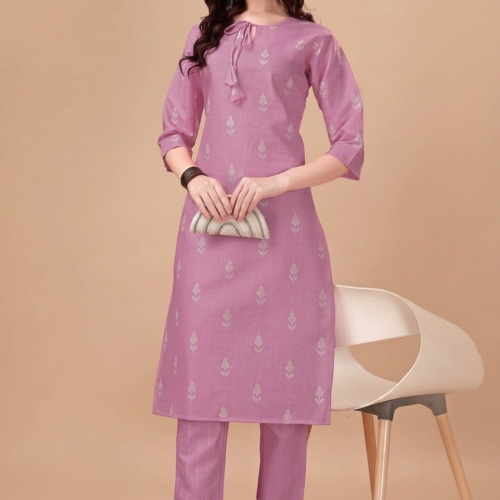 Reyansh24 Cotton Blend Printed Kurti With Pants Women's Stitched Salwar Suit - Purple (Pack of 1)